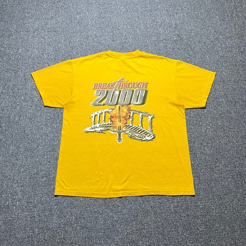 Vintage Hanes Breakthrough 2000 T Shirt Large Yellow Graphic Tee Y2K Sword 00s